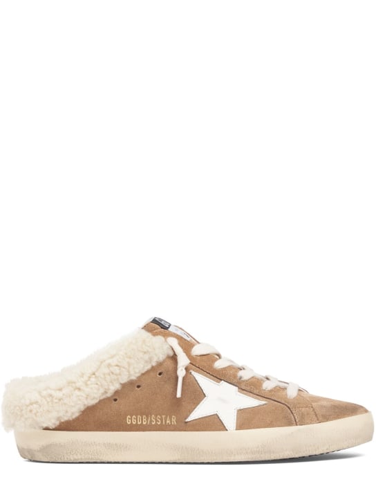 Golden Goose: 20mm Super-Star suede & shearling mules - Tabacco/White - women_0 | Luisa Via Roma