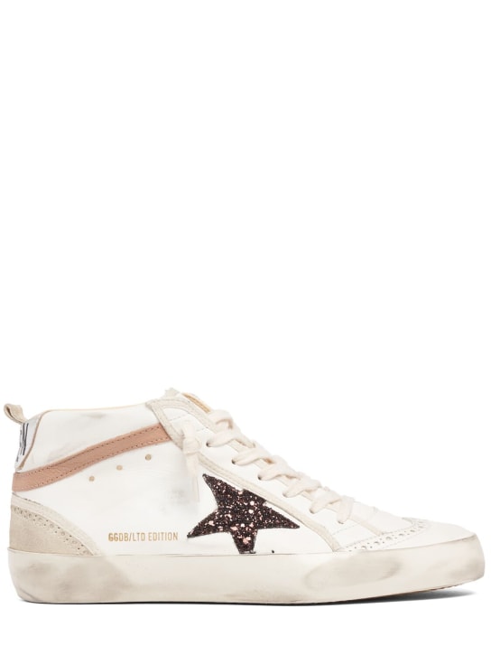 Golden Goose: 20mm Sneakers aus glitzerndem Leder „Mid Star“ - Weiß/Braun - women_0 | Luisa Via Roma