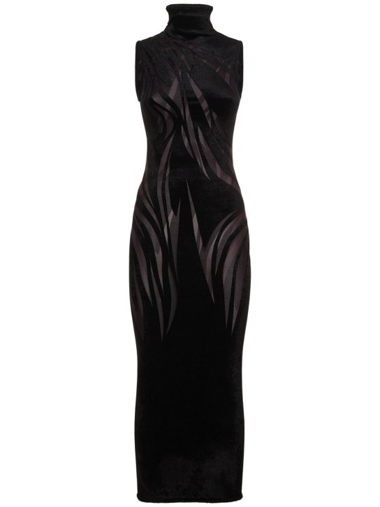 MUGLER: Velvet & tulle midi turtleneck dress - Black - women_0 | Luisa Via Roma
