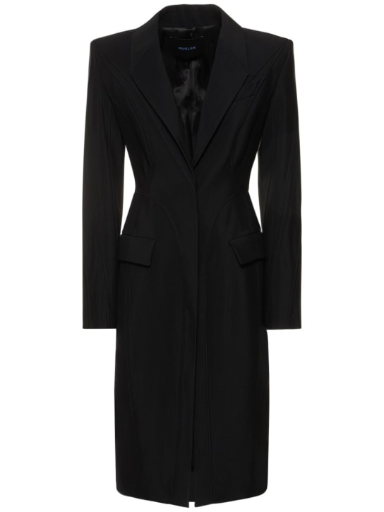 MUGLER: 单排扣粘胶纤维斜纹中长大衣 - 黑色 - women_0 | Luisa Via Roma