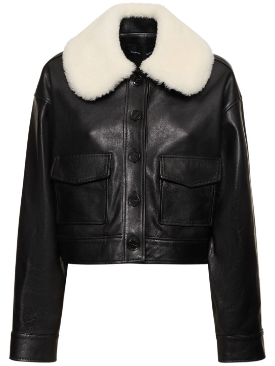 Proenza Schouler: Crop leather jacket w/shearling collar - Siyah - women_0 | Luisa Via Roma