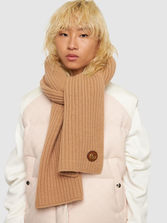 Gucci: Double G wool & cashmere scarf - Camel - women_1 | Luisa Via Roma