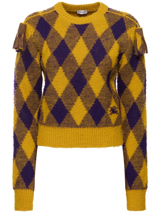 Burberry: Suéter corto con borla - Amarillo/Púrpura - women_0 | Luisa Via Roma