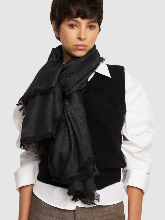 Tory Burch: Monogram wool & silk traveler scarf - Black - women_1 | Luisa Via Roma