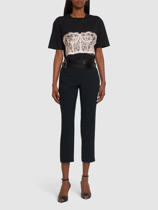 Alexander McQueen: Lace Bustier cotton jersey t-shirt - Siyah - women_1 | Luisa Via Roma