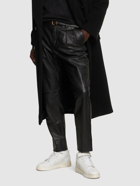 Saint Laurent: Lax leather mid top sneakers - Optic White - men_1 | Luisa Via Roma