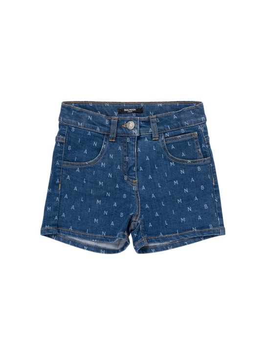 Balmain: Shorts de denim de algodón con logo - Azul - kids-girls_0 | Luisa Via Roma