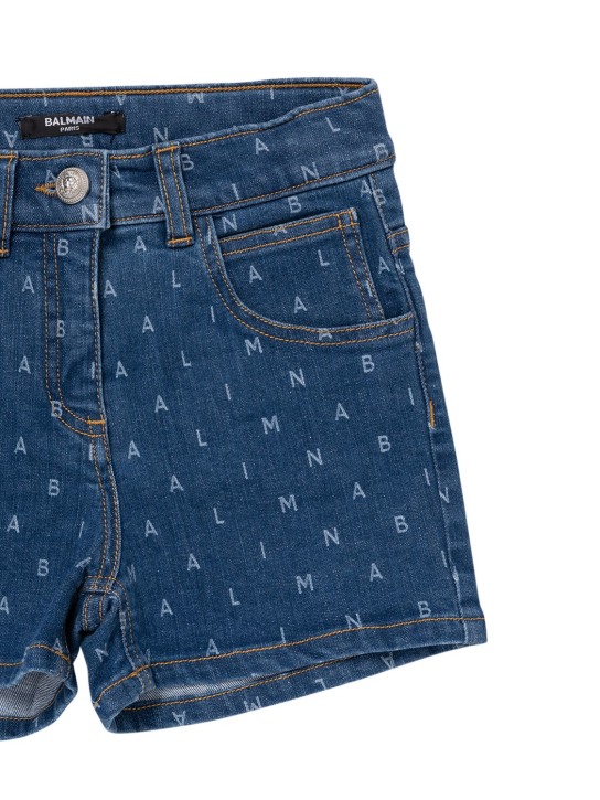 Balmain: Shorts de denim de algodón con logo - Azul - kids-girls_1 | Luisa Via Roma