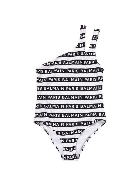 Balmain: Logo print Lycra one piece swimsuit - White/Black - kids-girls_0 | Luisa Via Roma