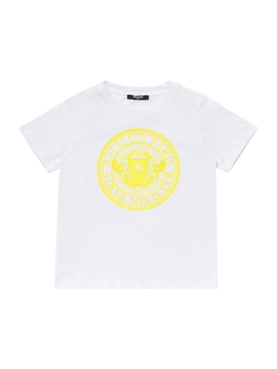 Balmain: Bedrucktes T-Shirt aus Baumwolljersey - Weiß/Gelb - kids-boys_0 | Luisa Via Roma