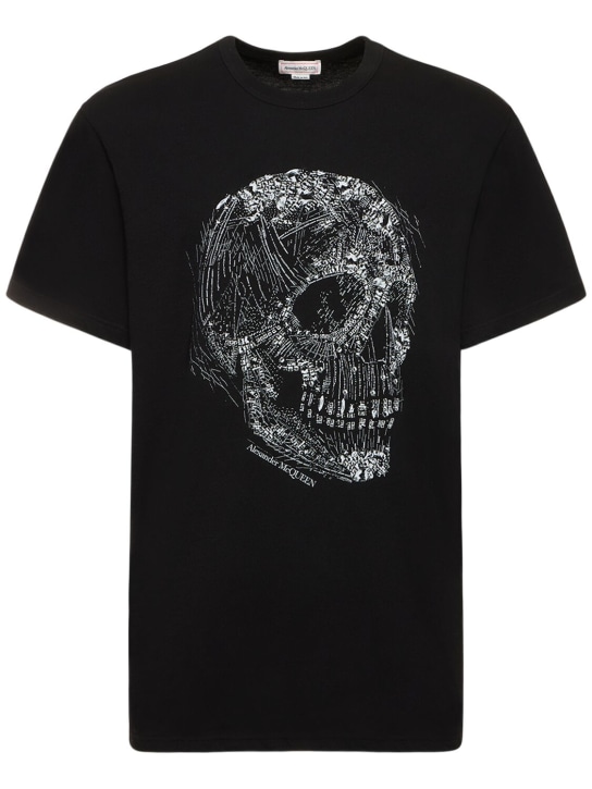 Alexander McQueen: T-Shirt aus Baumwolle mit Kristallschädel - Schwarz/Weiß - men_0 | Luisa Via Roma