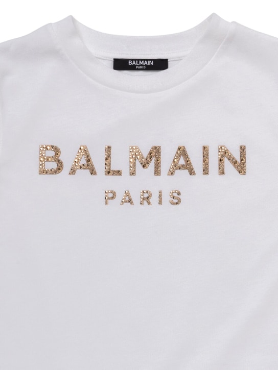 Balmain: Embellished logo cotton jersey dress - White/Gold - kids-girls_1 | Luisa Via Roma