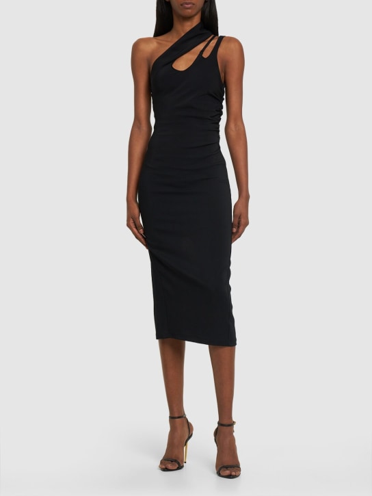 MUGLER: Viscose crepe one shoulder midi dress - Black - women_1 | Luisa Via Roma