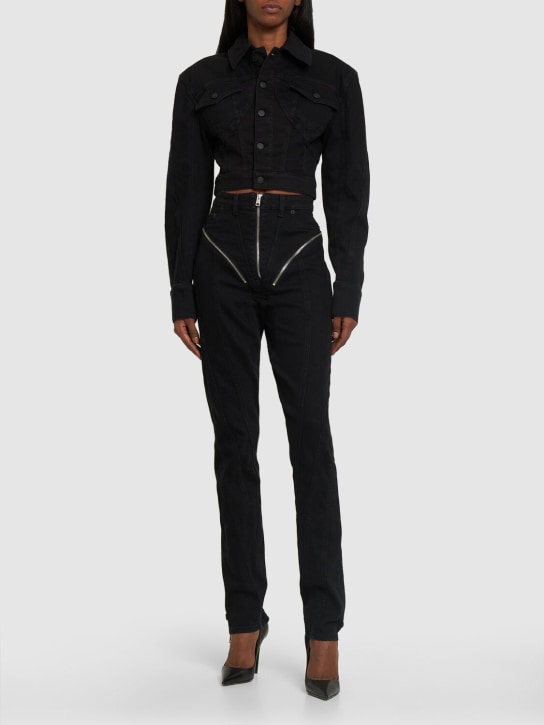 MUGLER: Jean skinny zippé en denim stretch taille haute - Noir - women_1 | Luisa Via Roma