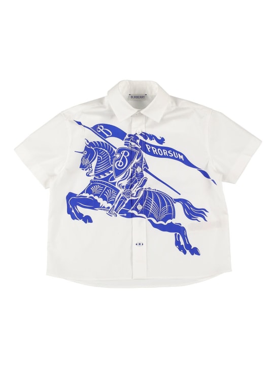 Burberry: Camisa de popelina de algodón manga corta - Blanco/Azul - kids-boys_0 | Luisa Via Roma
