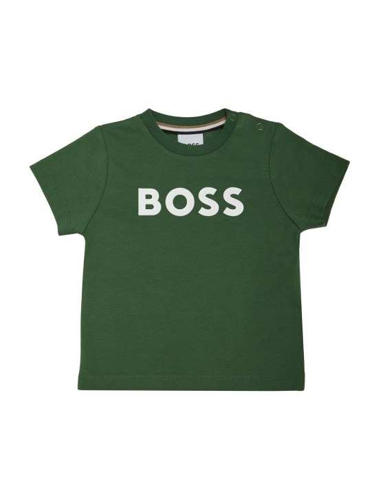 Boss: Logo印花棉质平纹针织T恤 - 绿色 - kids-boys_0 | Luisa Via Roma