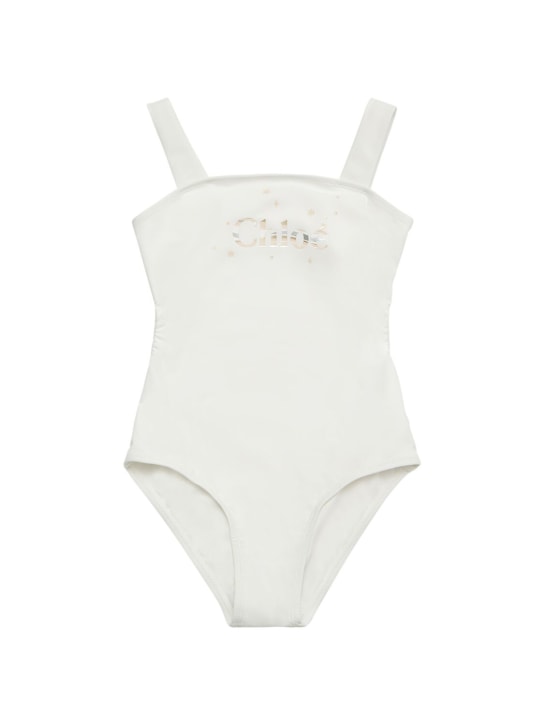 Chloé: Logo Lycra swimsuit - Off-White - kids-girls_0 | Luisa Via Roma