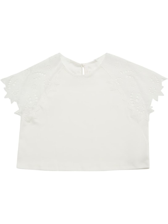 Chloé: T-shirt in cotone con ricami - Off-White - kids-girls_0 | Luisa Via Roma
