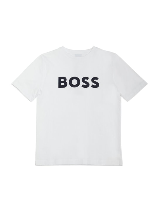 Boss: Logo print cotton jersey t-shirt - Beyaz - kids-boys_0 | Luisa Via Roma