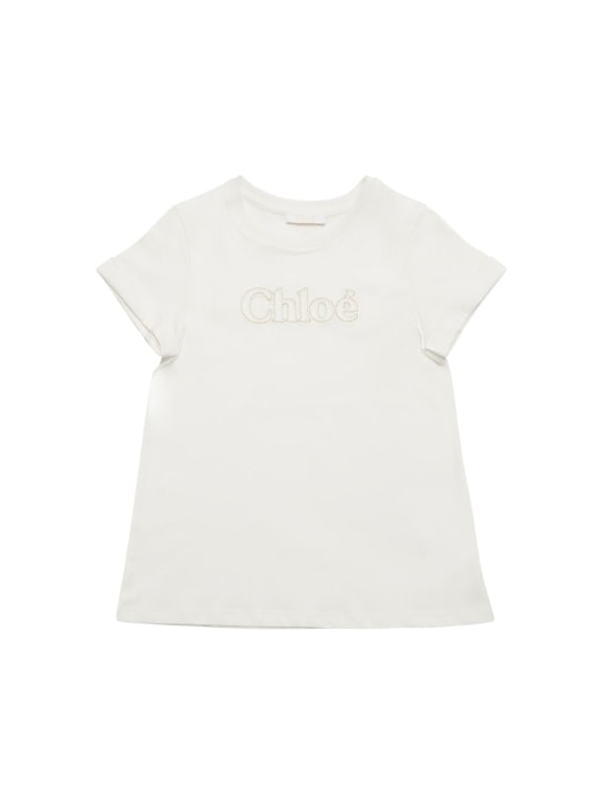 Chloé: Logo棉质平纹针织T恤 - 米白色 - kids-girls_0 | Luisa Via Roma