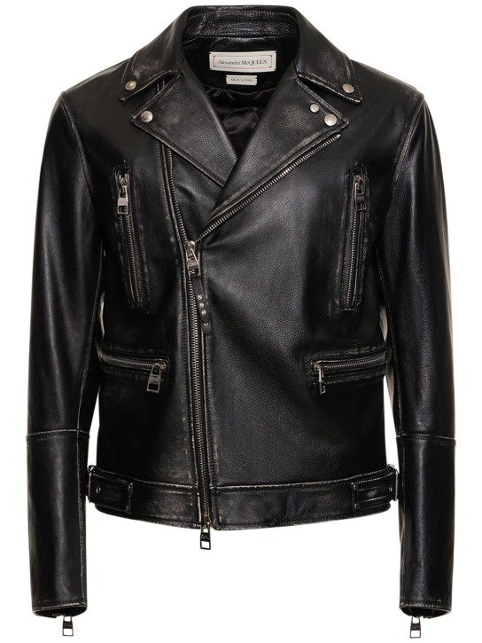 Alexander McQueen: Biker leather jacket - Siyah - men_0 | Luisa Via Roma