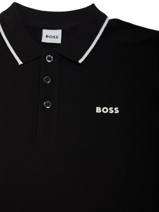 Boss: Logo印花棉质珠地网眼布POLO衫 - 黑色 - kids-boys_1 | Luisa Via Roma