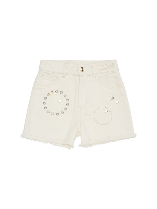 Chloé: Shorts in denim con borchie - Avorio - kids-girls_0 | Luisa Via Roma