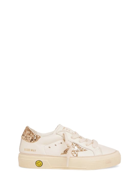 Golden Goose: May leather glitter lace-up sneakers - White/Gold - kids-girls_0 | Luisa Via Roma
