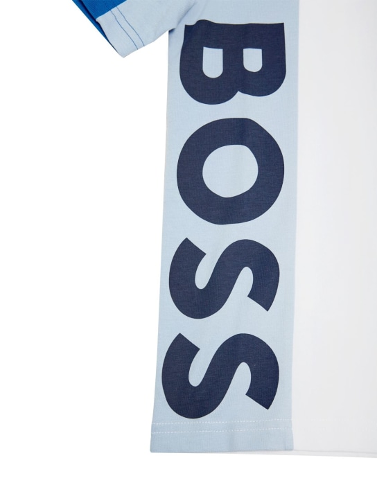 Boss: Logo印花棉质平纹针织T恤 - 白色/蓝色 - kids-boys_1 | Luisa Via Roma