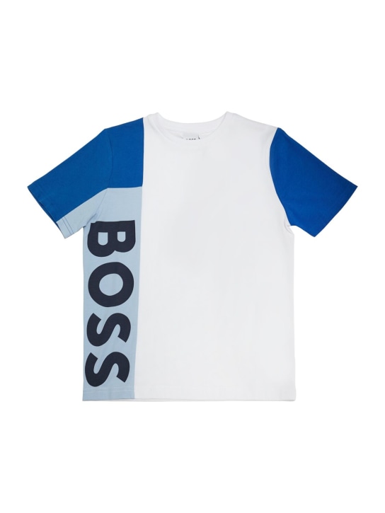 Boss: Logo印花棉质平纹针织T恤 - 白色/蓝色 - kids-boys_0 | Luisa Via Roma