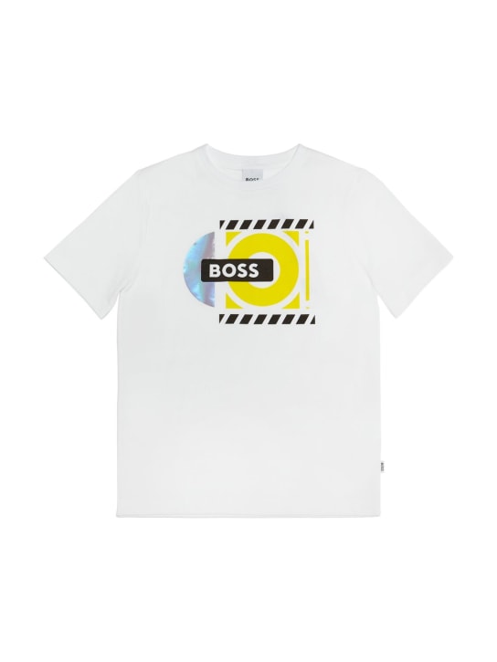 Boss: Camiseta de jersey de algodón estampada - Blanco - kids-boys_0 | Luisa Via Roma