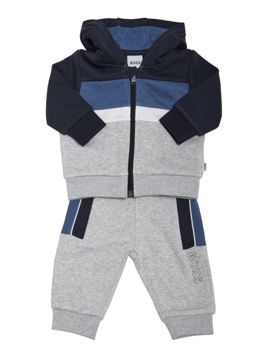 Boss: Logo print zip-up hoodie & sweatpants - Mavi/Gri - kids-boys_0 | Luisa Via Roma