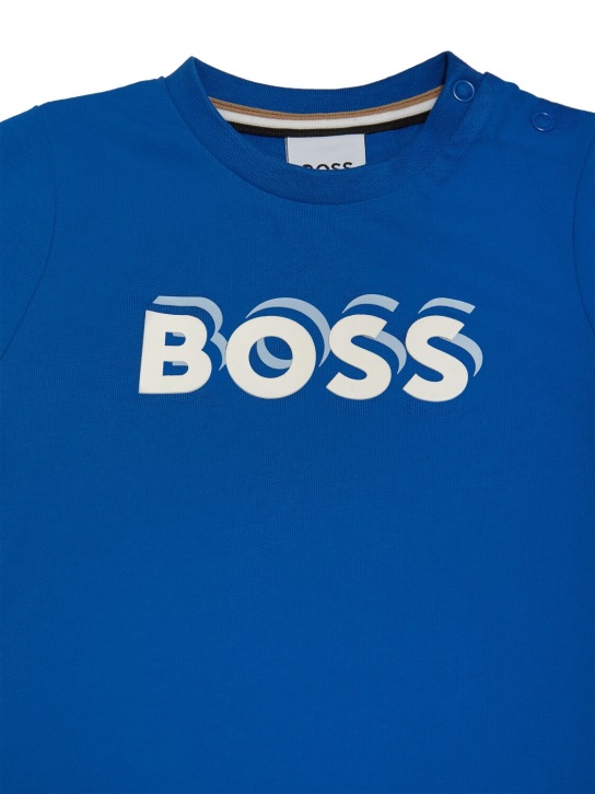 Boss: Camiseta de jersey de algodón con logo de goma - Azul - kids-boys_1 | Luisa Via Roma