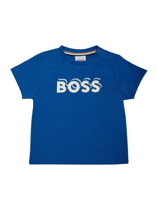 Boss: Camiseta de jersey de algodón con logo de goma - Azul - kids-boys_0 | Luisa Via Roma