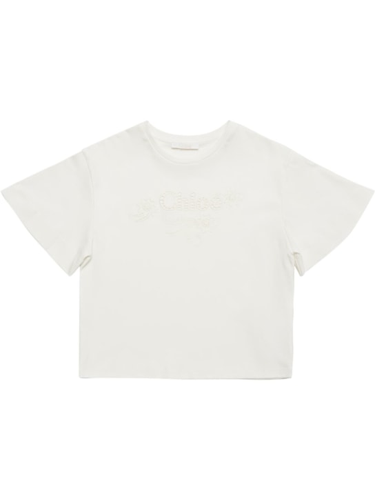 Chloé: 棉质平纹针织T恤 - 米白色 - kids-girls_0 | Luisa Via Roma