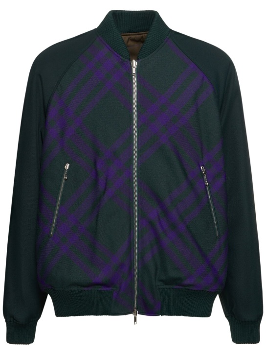 Burberry: Check wool blend bomber jacket - Deep Royal Check - men_0 | Luisa Via Roma