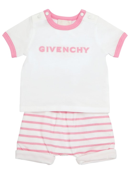 Givenchy: 棉质平纹针织T恤&短裤 - 白色/粉色 - kids-girls_0 | Luisa Via Roma