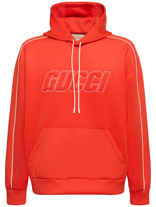 Gucci: Logo detail tech hoodie - Mercan - men_0 | Luisa Via Roma