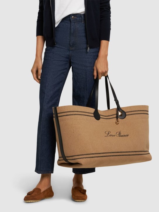 Loro Piana: XL Tasman canvas & leather tote bag - women_1 | Luisa Via Roma
