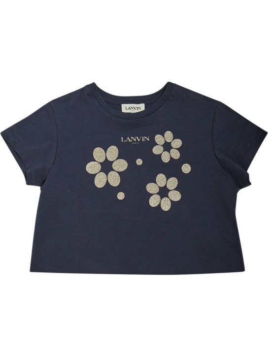 Lanvin: Camiseta cropped jersey de algodón estampada - Azul Marino - kids-girls_0 | Luisa Via Roma