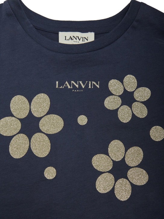Lanvin: 印花棉质平纹针织短款T恤 - 海军蓝 - kids-girls_1 | Luisa Via Roma