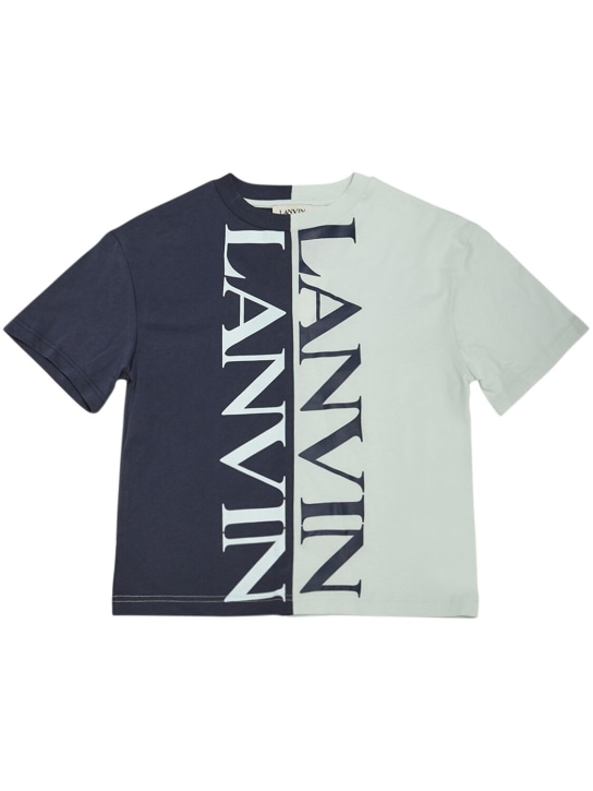 Lanvin: Logo印花棉质平纹针织T恤 - 海军蓝/浅蓝色 - kids-boys_0 | Luisa Via Roma