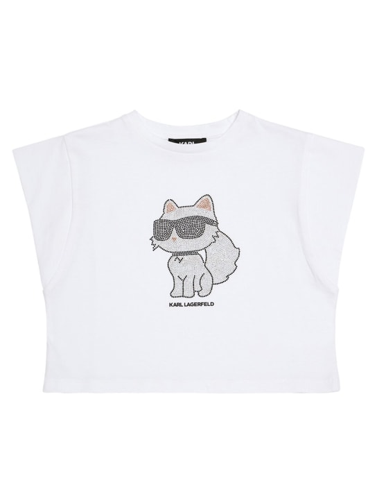 Karl Lagerfeld: Embellished cotton jersey t-shirt - Beyaz - kids-girls_0 | Luisa Via Roma