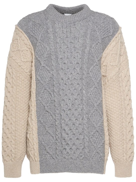 Bottega Veneta: Aran knit wool blend oversize sweater - Bej/Gri - women_0 | Luisa Via Roma