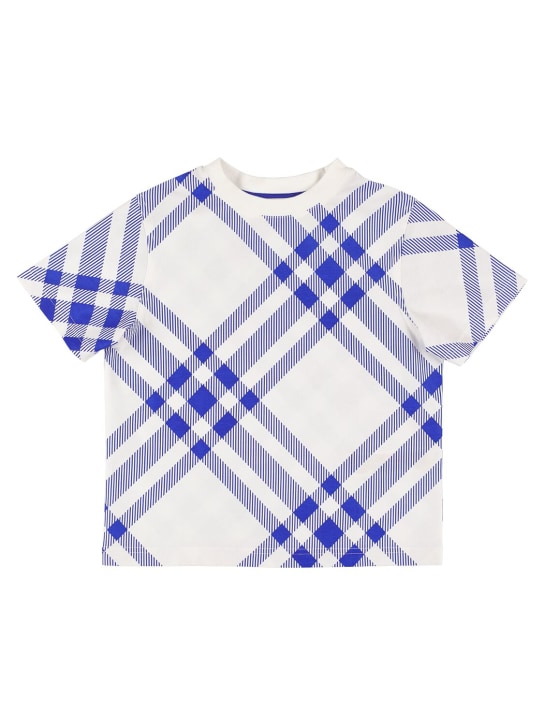 Burberry: T-shirt en jersey de coton imprimé carreaux - Blanc/Bleu - kids-boys_0 | Luisa Via Roma