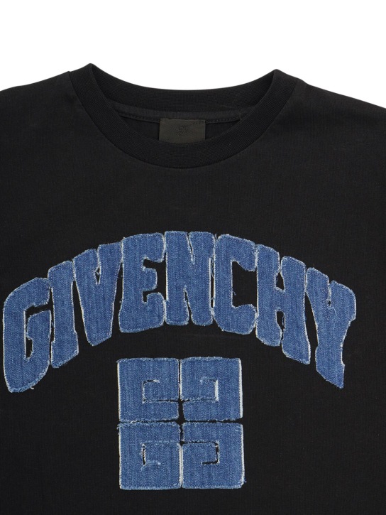 Givenchy: T-shirt en jersey de coton à logo en denim - Noir - kids-boys_1 | Luisa Via Roma