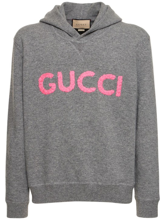 Gucci: Logo wool knit hoodie - Grey/Pink - men_0 | Luisa Via Roma