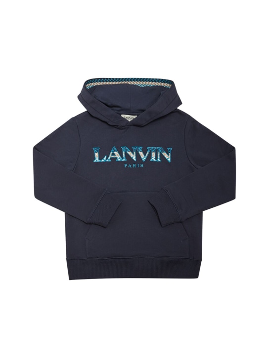 Lanvin: Sweat-shirt en coton à capuche - Bleu Marine - kids-boys_0 | Luisa Via Roma