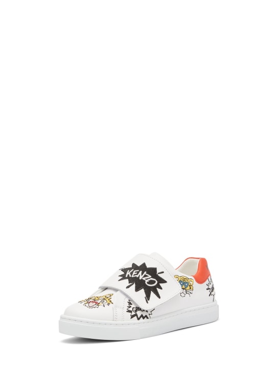Kenzo Kids: Embroidered leather strap sneakers - White - kids-girls_1 | Luisa Via Roma