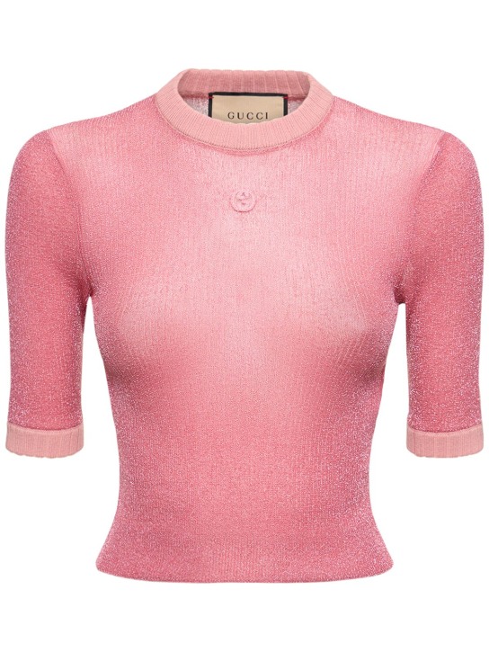 Gucci: Haut en maille de nylon lamé - Rosewood Pink - women_0 | Luisa Via Roma